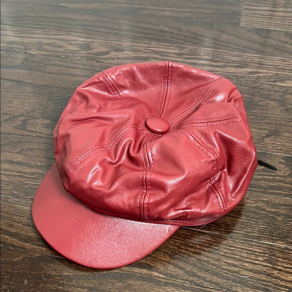 Vintage  Faux Leather Red News Boy  Barret  Cap Size OS